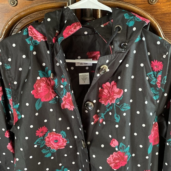 Capelli New York Hooded Belted floral dots Rain Trench Coat jacket size Medium - Picture 12 of 16